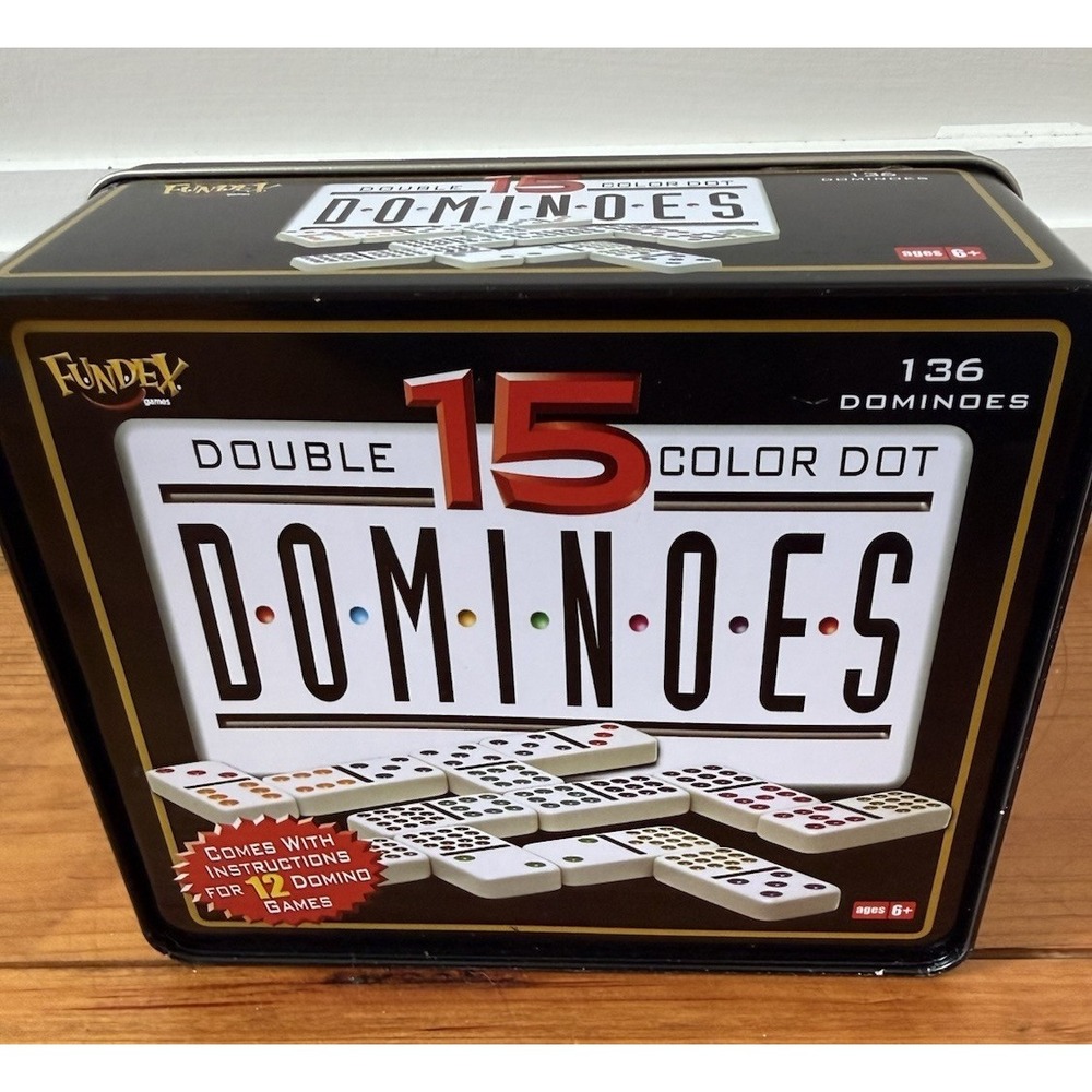 Fundex Double 15 Dominoes Set 136 Color Dot Complete W/ Tin & Carrying Case